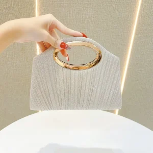Women Fashion Glitter Evening Clutch Bag with Metal Oval Handle Polyester Lining for Wedding Party Formal Use