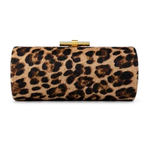 Women Fashion Leopard Print Evening Clutch Bag Chains Crossbody Bag Velvet Bar Lock Cylinder Bag
