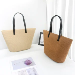 Women Fashion Outdoor Summer Packing Ample Interior Space Zipper Closure Lining Beach Paper Straw Tote Bags