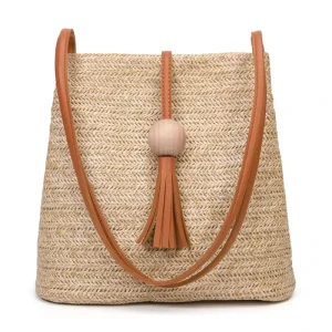 Women Fashion Summer Beach Large Handmade Shoulder Straw Rattan Tote Bag with Leather Shoulder Strap