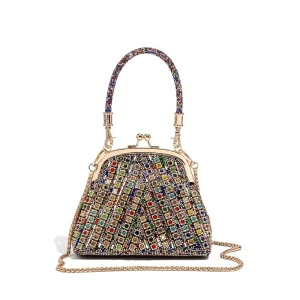 Women Full Rhinestone Fan Shaped Evening Bag Diamond Handle Kiss Lock Wedding Party Detachable Chain Crossbody Hand Purse