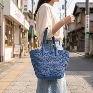 Women Handmade Solid Blue Straw Bag Polyester Lining Custom Optional Colors All Seasons Use