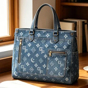 Women Indigo Shopper Bag Allover Icons Printed Tote Multi Pocket Jean Handbag Casual Street Style Carryall Travel Purse Daily