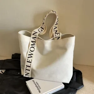Women Ivory Beige Black Large Capacity Cotton Canvas Shoulder Gift Tote Shopping Bag With Handle Printing Logo