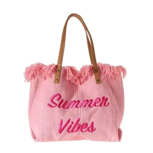 Women Large Capacity Canvas Bag Embroidered Letters Handbag Shoulder Bag Woven Beach Bag