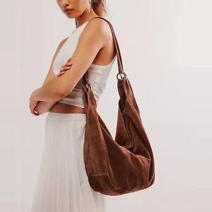 Women Large Custom Logo Casual Hobo Leather Shoulder Crossbody Handbags Brown Suede Tote Bags