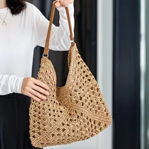 Women Large Luxury Straw Woven Shoulder Bag Hollow Flower Large Triangle Contrasting Woven Beach Bag Striped Crochet Tote Bag