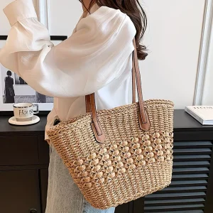 Women Large Luxury Straw Woven Shoulder Bag Hollow Flower Large Triangle Contrasting Woven Beach Bag Striped Crochet Tote Bag