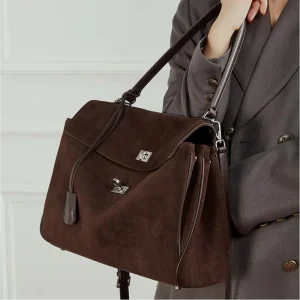 Women Large Suede Leather Shoulder Tote Bag Dark Brown Flap Turn Lock Dual Strap Crossbody Handbag Minimalist Luxury