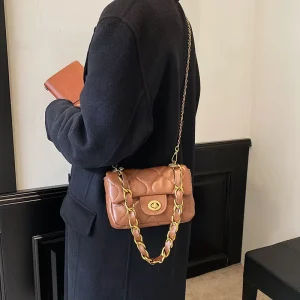 Women Luxury Diamond Quilted PU Handbag Thick Gold Chain Casual Crossbody Shoulder Bag for Daily Party Dating