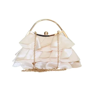 Women Multi Layer Ruffle Satin Evening Purse Metal Top Handle Party Crossbody Bag