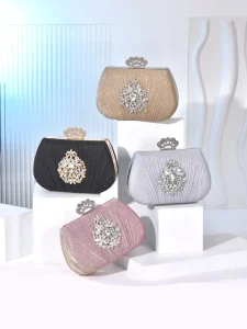 Women Party Evening Bag Pleated Shoulder Bag with Diamond Retro Dinner Handbag