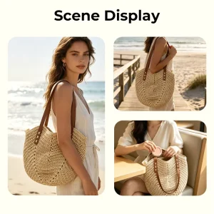 Women Portable Hand Woven Straw Tote Bag Polyester Liner Large Capacity All Seasons Beach Shoulder Bag Zipper Closure