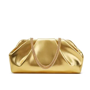 Women Pu Leather Gold Metal Clutch Bag New Fashion Elegant Party Shiny Evening Bags Chain Crossbody Bag