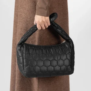 Women Quilted Handbag Black Nylon Purse Lightweight Zipper Bag Ladies Stylish Hexagonal Pattern Shoulder Bag