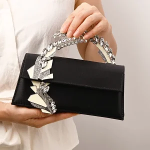 Women Satin Rhinestone Clutch Bag Crystal Top Handle Purse Detachable Chain Shoulder Crossbody Wedding OEM ODM