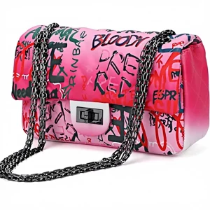 Women Small Crossbody Graffiti Clutch Purse PU Leather Shoulder Bag Chain Strap Quilted Diamond