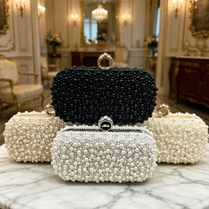 Women Square Faux Pearl Beaded Evening Bag Multiple Colors Hard Shell Handheld Shoulder Clutch Clutch Bags