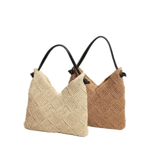 Women Square Straw Bag Pattern Solid Color Handbag Shoulder Woven Bag Summer Beach Vacation Tote Bag