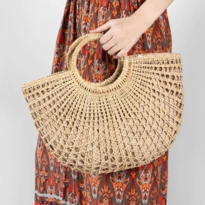 Women Straw Basket Handbag Drawstring Closure 1L Capacity Non Waterproof Solid Pattern Polyester Lining for Summer Beach Travel