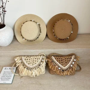 Women Straw Crossbody Bag and Straw Hat Set Bohemian Handwoven Shell Tassel Summer Beach Vacation Set