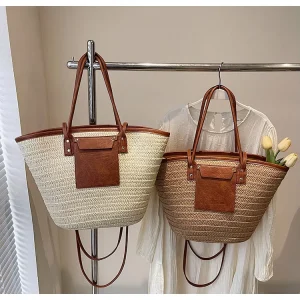 Women Straw Woven Bag Fashion Shoulder Bag Handmade Straw Shoulder Purse Large Capacity Woven Bag Patchwork Vacation Handbag