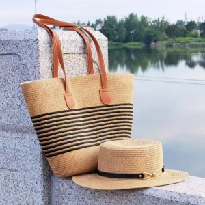 Women Summer Beach Rattan Purses Shoulder Tote Bag Woven Straw Stripes Hat Set Top Handle Large Beach Clutch Handbags