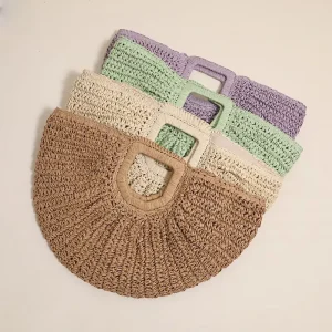 Women Summer Beach Tote Bag Half Moon Straw Bag Purse Vocation Straw Tote Beach Straw Bag Handbag