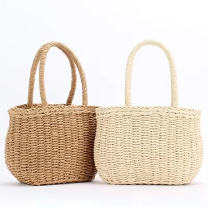 Women Summer Rattan Handbag Vacation Beach Handmade Woven Bag Female Ladies Simple Straw Holiday Beach Drawstring Bucket Bag