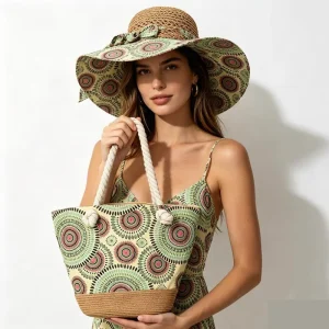 Women Sun Beach Hat Wide Brim Floppy Beach Hat Breathable Big Bowknot Straw Hat and Bag Set