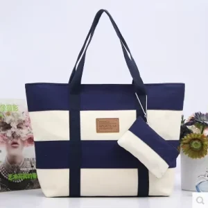 Women Thick Striped Fabric Long Strap Big Shoulder Beach Canvas Tote Bag With Rope Handle Shoulder Purse With Coin Bag