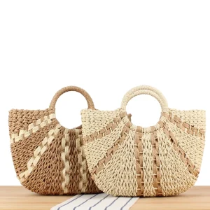 Women Travel Beach Woven Handbag Shoulder Cotton Rope Crochet Knit Bucket Storage Large Straw Woven Tote Bag