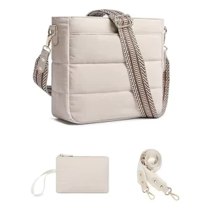 Women’s 2PCS Quilted Crossbody Shoulder Hobo Bags Trendy Handbag Coin Wallet Zipper Nylon 2 Adjustable Straps