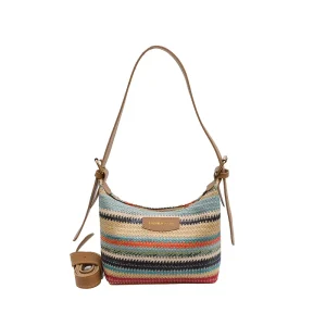 Women’s All-Match Woven Straw Bag Small Cross Body Shoulder Bag Polyester Striped Zipper Women Bag