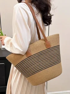 Women’s Autumn Straw Woven Rattan Crossbody Tote Bag Large Capacity Zipper Closure Daily Use
