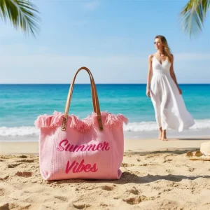 Women’s Beach Daily Use Shoulder Strap Handbag Faux Fur Closure All Seasons Large Capacity Embroidered Letter Tote Bag