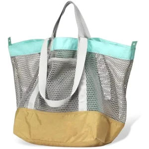 Women’s Beach Handmade Woven Tote Bag Summer Mesh Zip Closure Shoulder Bag for Holiday Travel 30x15x40cm