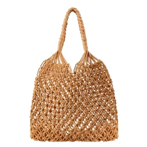 Women’s Beach Straw Handbag Woven Tote Fishing Net Beach Bag Large Capacity Mesh Rope Combination Handbag