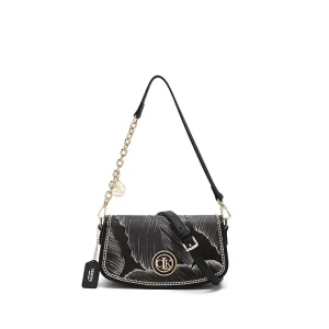 Women’s Black Fashion Thread Pattern Chain Crossbody Handbag with Two Straps Water Resistant Casual Underarm Design