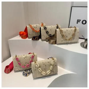 Women’s Bohemian Fashion Crossbody Shoulder Bag Handmade Woven Straw Chains Single Strap Zip Closure Small Purse for Summer