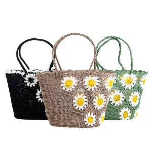 Women’s Boho Embroidery Floral Straw Beach Bag Hollow Out Crochet Knit Shoulder Bag Tote Handbag
