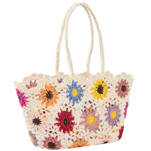 Women’s Boho Embroidery Floral Straw Beach Bag Hollow Out Crochet Knit Shoulder Bag Tote Handbag