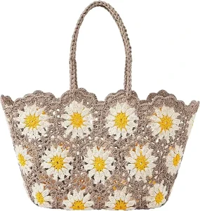 Women’s Boho Embroidery Floral Straw Beach Bag Hollow Out Crochet Knit Shoulder Bag Tote Handbag with Sunflower