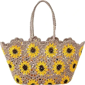 Women’s Boho Embroidery Floral Straw Beach Bag Hollow Out Crochet Knit Shoulder Bag Tote Handbag with Sunflower