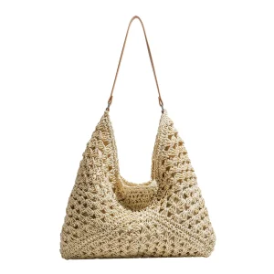 Women’s Boho Handmade Hollow Tote Shoulder Bag, Straw Rope Crochet Triangle Square Flower Contrast Colors Casual Beach Bag