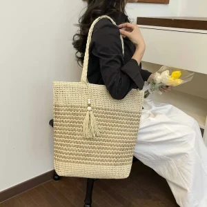 Women’s Boho Woven Tote Bag Striped Straw Handbag with Tassel for Vacation and Daily Use