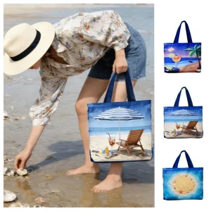 Women’s Canvas Tote Bag with Polyester Lining Tropical Beach Design for Autumn & Summer Casual Daily Use Low MOQ