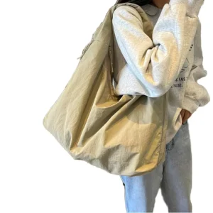Women’s Canvas and Nylon Hobo Bag Solid Color Slouchy Shoulder Tote Bag with Zipper Closure