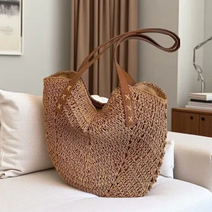 Women’s Casual Beach Handbag Hollow Woven Shoulder Straw Tote Bag Single Handle Vintage Style Polyester Lining Geometric Pattern