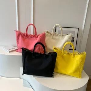 Womens Casual Canvas Tote Bag Trendy Letter Shoulder Purse Fringe Large Lightweight Handbags for Shopping Beach